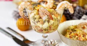 Оливье с семгой и креветками