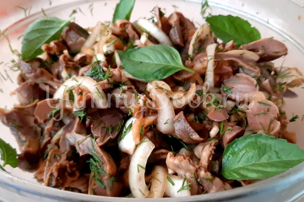 Салат из маринованных куриных желудков